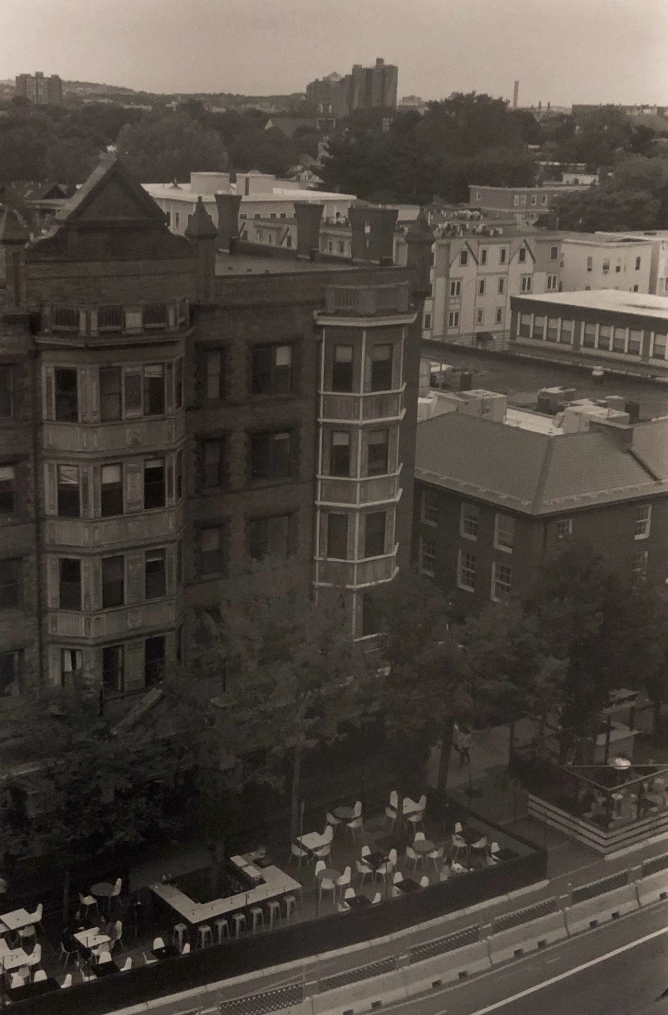 Black and white film photo of Mass Ave from above. Time seems to stand still.