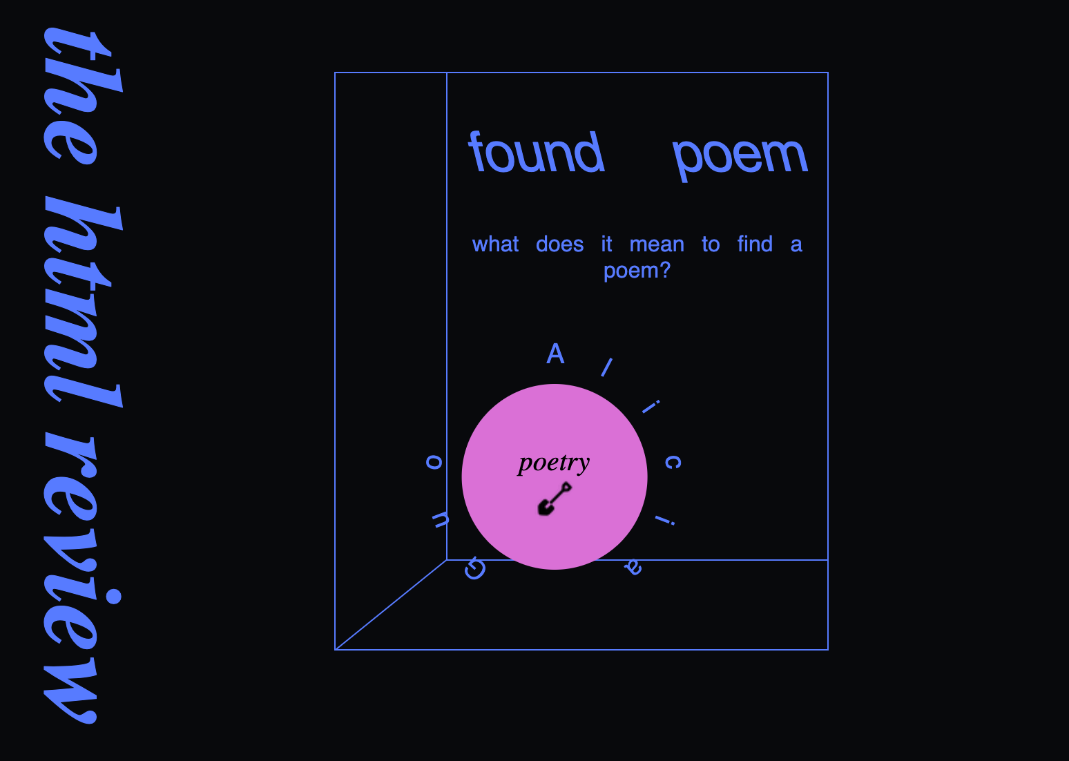 dark blue background with horizontal text saying The HTML Review on the left side, and on the right a bordered box containing the title Found Poem and a pink circle with a shovel graphic in it