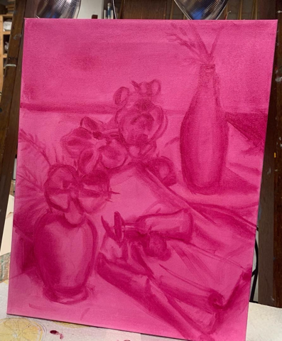 all pink painting of flowers in a vase