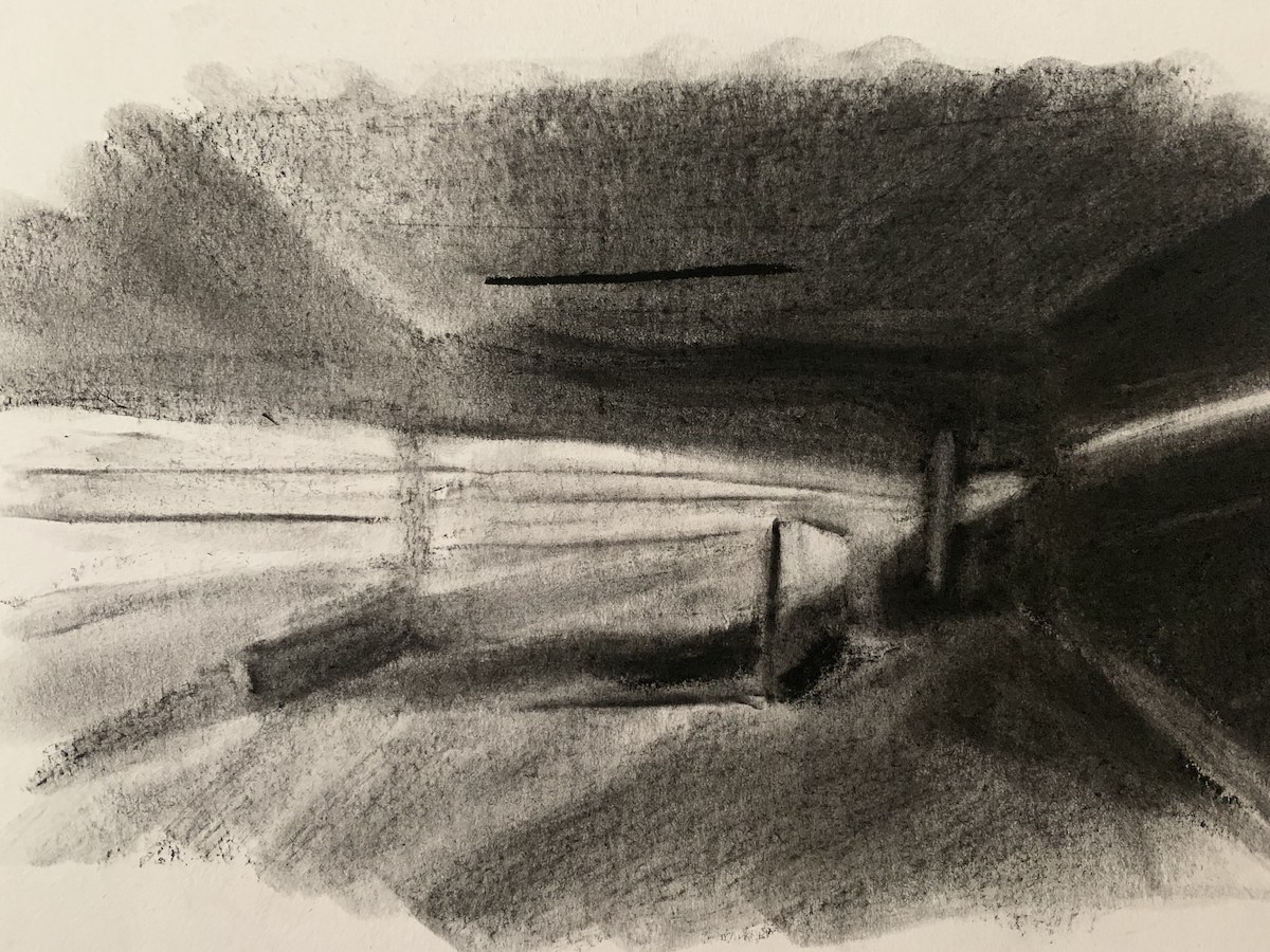 charcoal sketch of light shining into a room